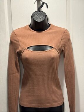 Agolde Organic Cotton Ribbed Cutout Bodycon Stretch Top Skin Tone Neutral size S